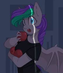 Size: 1038x1200 | Tagged: safe, artist:melodylibris, derpibooru import, oc, unofficial characters only, anthro, bat pony, pony, apple, bat pony oc, bat wings, female, food, image, jpeg, looking at you, mare, open mouth, solo, wings