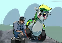 Size: 2156x1518 | Tagged: safe, artist:alumx, derpibooru import, oc, oc:wheely bopper, unofficial characters only, human, original species, pony, wheelpone, blushing, duo, female, image, jpeg, male, mare, tire, wheel