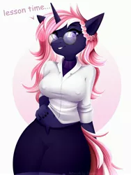 Size: 3072x4096 | Tagged: suggestive, artist:buvanybu, derpibooru import, oc, unofficial characters only, anthro, unicorn, breasts, clothes, erect nipples, female, glasses, hips, image, jpeg, nipple outline, outline, simple background, skirt, solo, teacher