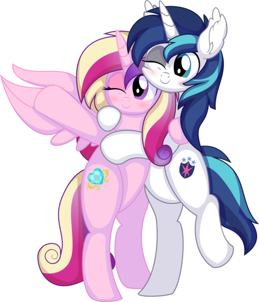 Size: 6929x8057 | Tagged: safe, artist:cyanlightning, derpibooru import, princess cadance, shining armor, alicorn, pony, unicorn, .svg available, absurd resolution, blushing, canterlot wedding 10th anniversary, ear fluff, female, hug, image, male, mare, missing accessory, one eye closed, png, shiningcadance, shipping, simple background, smiling, spread wings, stallion, straight, transparent background, vector, wings, wink