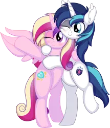 Size: 6929x8057 | Tagged: safe, artist:cyanlightning, derpibooru import, princess cadance, shining armor, alicorn, pony, unicorn, .svg available, absurd resolution, blushing, canterlot wedding 10th anniversary, ear fluff, female, hug, image, male, mare, missing accessory, one eye closed, png, shiningcadance, shipping, simple background, smiling, spread wings, stallion, straight, transparent background, vector, wings, wink