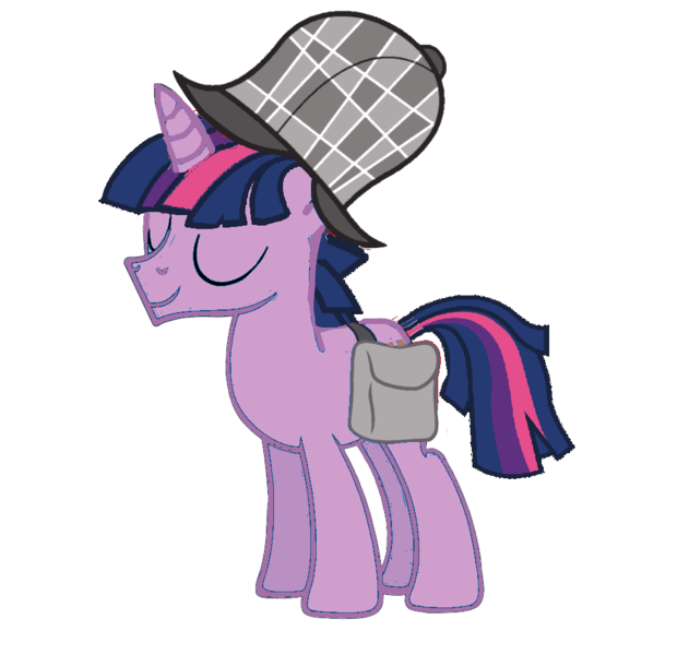 Size: 986x938 | Tagged: safe, derpibooru import, twilight sparkle, pony, unicorn, mmmystery on the friendship express, bag, deerstalker, detective, dusk shine, eyes closed, hat, image, male, png, rule 63, saddle bag, sherlock sparkle, simple background, solo, transparent background