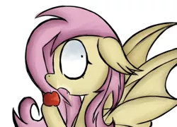 Size: 789x568 | Tagged: safe, artist:alandisc, derpibooru import, fluttershy, bat, bat pony, pony, undead, vampire, vampony, alternate hairstyle, apple, bat ponified, bat wings, caught, eating, eyelashes, fangs, female, floppy ears, flutterbat, food, herbivore, image, imminent bite, messy eating, png, race swap, shrunken pupils, simple background, solo, surprised, white background, wings