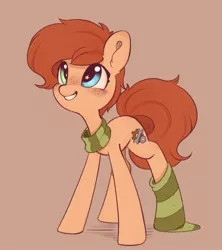 Size: 803x906 | Tagged: safe, artist:melodylibris, derpibooru import, oc, oc:rusty gears, unofficial characters only, earth pony, pony, brown background, clothes, image, jpeg, scarf, simple background, socks, solo, striped socks