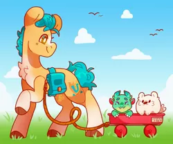 Size: 3000x2500 | Tagged: safe, artist:cocopudu, derpibooru import, cloudpuff, hitch trailblazer, sparky sparkeroni, dog, dragon, earth pony, pomeranian, pony, baby, baby dragon, bumper sticker, chest fluff, flying pomeranian, g5, image, jpeg, looking back, male, papa hitch, red wagon, solo, stallion, trio, winged dog