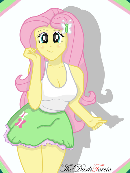 Size: 800x1067 | Tagged: suggestive, artist:thedarktercio, derpibooru import, fluttershy, human, equestria girls, breasts, cute, female, image, jpeg, smiling