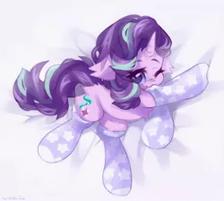 Size: 2048x1843 | Tagged: safe, artist:vanilla_pie_2, derpibooru import, starlight glimmer, pony, unicorn, :3, ;3, butt fluff, clothes, ear fluff, female, fluffy, image, jpeg, looking at you, mare, mouth hold, one eye closed, socks, solo, stockings, thigh highs, wink