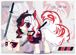 Size: 3658x2657 | Tagged: safe, artist:fenix-artist, derpibooru import, oc, unofficial characters only, original species, pony, clothes, eyelashes, hair over one eye, image, katana, kitsune, kitsune pony, multiple tails, png, sword, tail, weapon, zoom layer