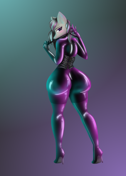 Size: 2500x3500 | Tagged: artist needed, questionable, alternate version, derpibooru import, octavia melody, anthro, earth pony, anus, butt, catsuit, clothes, corset, derpibooru exclusive, female, high heels, image, latex, latex suit, looking at you, looking back, looking back at you, nudity, png, shoes, solo, solo female, the ass was fat, treblebutt, whip