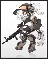 Size: 986x1200 | Tagged: safe, artist:ncmares, derpibooru import, oc, unofficial characters only, earth pony, pony, backpack, boots, clothes, female, gun, hat, image, jpeg, mare, shoes, soldier, solo, weapon