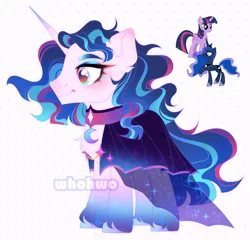 Size: 2265x2170 | Tagged: safe, artist:whohwo, derpibooru import, princess luna, twilight sparkle, twilight sparkle (alicorn), alicorn, pony, unicorn, base used, chest fluff, cloak, clothes, eyelashes, fusion, horn, image, makeup, male, png, smiling, stallion