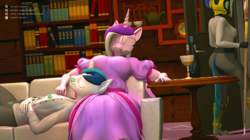 Size: 3840x2160 | Tagged: questionable, alternate version, artist:silkworm205, derpibooru import, part of a set, princess cadance, queen chrysalis, shining armor, alicorn, anthro, changeling, changeling queen, pony, unicorn, 3d, alcohol, bookshelf, breasts, canterlot wedding 10th anniversary, clothes, crown, cup, derpibooru exclusive, disguise, disguised changeling, dress, drinking, drugged, eyes closed, face doodle, female, head on lap, helmet, hitman, horn, image, implied oral, implied tail hole, interface, jewelry, jpeg, kiss mark, lipstick, male, male nipples, mare, necktie, nipple stimulation, nipples, nudity, open clothes, open shirt, paper-thin disguise, penis drawing, poison, prank, regalia, royal guard, shiningcadance, shipping, shirt, sleeping, smiley face, source filmmaker, spear, stallion, straight, thief, through clothes, trousers, weapon, wine, wings