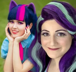 Size: 1517x1440 | Tagged: safe, artist:krutaiamaria, artist:sarahndipity cosplay, derpibooru import, edit, starlight glimmer, twilight sparkle, equestria girls, mirror magic, spoiler:eqg specials, everfree northwest 2019, grin, image, jpeg, smiling