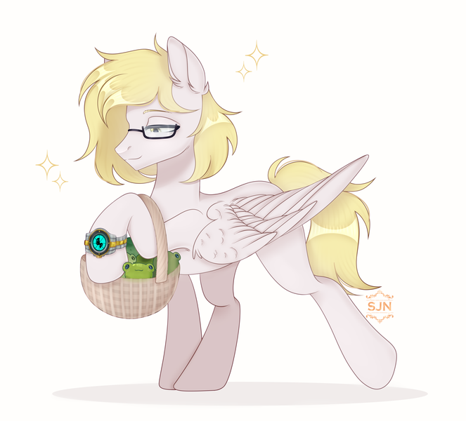 Size: 3480x3150 | Tagged: safe, artist:sjn, derpibooru import, oc, oc:ludwig von leeb, unofficial characters only, frog, pegasus, pony, toad, basket, blonde hair, clock, glasses, green eyes, image, male, png, simple background, solo, stallion, white background, wings