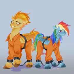 Size: 2000x2000 | Tagged: safe, artist:bonniem_x2, derpibooru import, rainbow dash, spitfire, bound wings, chains, clothes, cuffs, duo, duo female, female, image, jpeg, prison outfit, prisoner, prisoner rd, shackles, wings