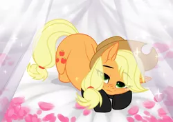 Size: 3465x2454 | Tagged: artist needed, source needed, suggestive, artist:sparkling_light, applejack, applejack's hat, base used, bed, bedroom eyes, blushing, clothes, commission, cowboy hat, hat, image, looking at you, png, prone, socks, solo, sultry pose, ych result