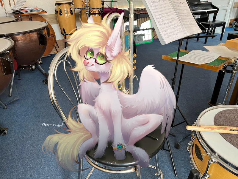 Size: 1280x960 | Tagged: safe, alternate version, artist:armandool, derpibooru import, oc, oc:ludwig von leeb, unofficial characters only, pegasus, pony, blonde, clock, congas, cymbals, drums, drumsticks, glasses, green eyes, image, male, music notes, musical instrument, piano, png, sitting, snare drum, solo, spread wings, stallion, timpani, trumpet, wings, xylophone