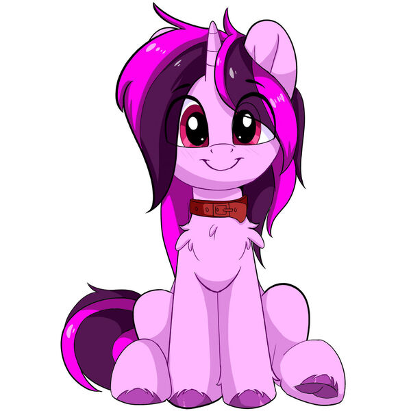 Size: 1280x1280 | Tagged: safe, artist:joaothejohn, derpibooru import, oc, pony, unicorn, chest fluff, collar, collar ring, cute, hoffy, horn, image, jpeg, looking at you, simple background, sitting, smiling, solo, unicorn oc