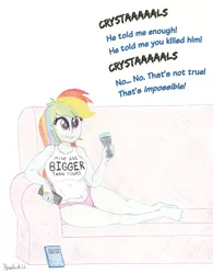 Size: 1500x1920 | Tagged: suggestive, artist:roseluck, derpibooru import, rainbow dash, equestria girls, barefoot, big breasts, breasts, busty rainbow dash, clothes, colored pencil drawing, couch, dialogue, feet, female, full body, glass, holding, image, implied izzy moonbow, implied king sombra, jewelry, looking at something, lying down, movie reference, panties, png, raised arm, remote, ring, simple background, smiling, solo, solo female, star wars, tanktop, traditional art, underwear, watching tv, wedding ring, white background