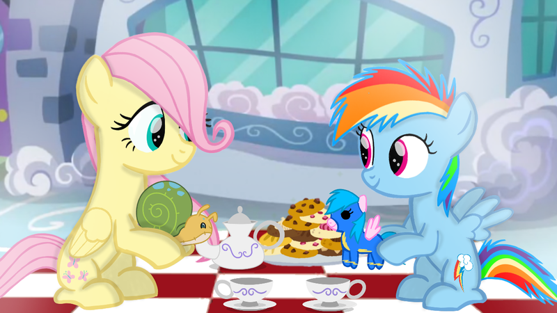 Size: 1280x720 | Tagged: safe, artist:mlplary6, derpibooru import, firefly, fluttershy, rainbow dash, pegasus, pony, snail, cookie, doll, female, filly, filly fluttershy, filly rainbow dash, foal, food, image, looking at each other, looking at someone, png, smiling, tea, toy, younger