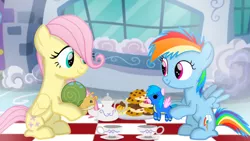 Size: 1280x720 | Tagged: safe, artist:mlplary6, derpibooru import, firefly, fluttershy, rainbow dash, pegasus, pony, snail, cookie, doll, female, filly, filly fluttershy, filly rainbow dash, foal, food, image, looking at each other, looking at someone, png, smiling, tea, toy, younger