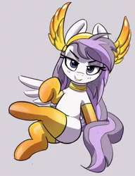 Size: 921x1200 | Tagged: safe, artist:pabbley, derpibooru import, part of a set, oc, oc:athena (shawn keller), unofficial characters only, pegasus, pony, crown, female, guardians of pondonia, image, jewelry, jpeg, mare, regalia, simple background, sitting, smiling, solo