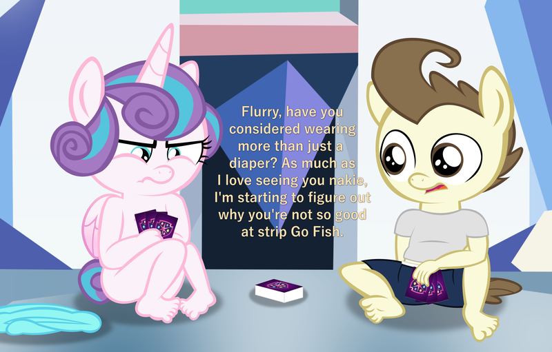 Size: 2491x1590 | Tagged: suggestive, artist:papadragon69, banned from derpibooru, ponybooru import, alicorn, anthro, plantigrade anthro, babycon, bed, card game, clothed male nude female, dialogue, discarded clothing, female, frustrated, go fish, image, lolicon, male, naked flurry heart, nudity, png, poker, shotacon, strip poker, toddlercon, underage