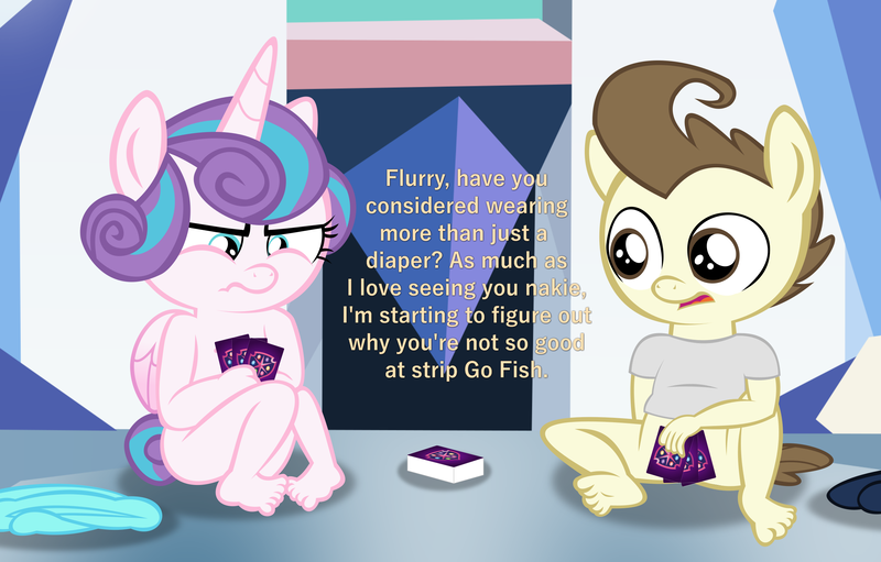 Size: 2491x1590 | Tagged: suggestive, alternate version, artist:papadragon69, banned from derpibooru, ponybooru import, alicorn, anthro, plantigrade anthro, babycon, bed, bottomless, card game, clothes, dialogue, discarded clothing, female, frustrated, go fish, image, lolicon, male, naked flurry heart, nudity, partial nudity, png, poker, shotacon, strip poker, toddlercon, underage