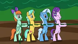 Size: 1920x1080 | Tagged: safe, artist:platinumdrop, derpibooru import, citrine spark, fire quacker, peppermint goldylinks, starlight glimmer, trixie, pegasus, pony, unicorn, ^^, bipedal, eyes closed, female, friendship student, image, mare, png, request, smiling