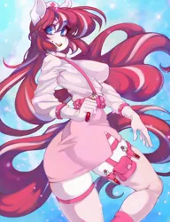 Size: 1362x1772 | Tagged: safe, artist:tolsticot, derpibooru import, oc, oc:cherry pop, unofficial characters only, anthro, earth pony, pony, anthro oc, breasts, clothes, female, gloves, image, long hair, mare, nurse, nurse outfit, open mouth, open smile, png, smiling, solo, tail