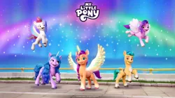 Size: 2560x1440 | Tagged: safe, derpibooru import, hitch trailblazer, izzy moonbow, pipp petals, sunny starscout, zipp storm, artificial alicorn, artificial horn, artificial wings, augmented, g5, image, jpeg, my little pony logo, princess sunny starscout, wings