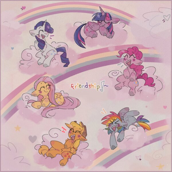 Size: 2048x2048 | Tagged: safe, artist:blairvonglitter, derpibooru import, applejack, fluttershy, pinkie pie, rainbow dash, rarity, twilight sparkle, twilight sparkle (alicorn), alicorn, earth pony, pegasus, pony, unicorn, ><, ^^, cloud, emanata, exclamation point, eyes closed, friendship, heart, horn, image, jpeg, mane six, open mouth, open smile, rainbow, sharp teeth, smiling, stars, teeth, wings