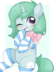 Size: 1551x2034 | Tagged: safe, artist:ginmaruxx, artist:kuzuyukuro, derpibooru import, oc, unofficial characters only, pony, unicorn, blushing, clothes, commission, cute, female, horn, image, jpeg, looking at you, mare, ocbetes, one eye closed, open mouth, open smile, simple background, smiling, smiling at you, socks, solo, stockings, striped socks, thigh highs, white background, wink, winking at you