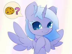 Size: 2048x1536 | Tagged: safe, artist:zokkili, derpibooru import, princess luna, alicorn, pony, colored eyelashes, cookie, cute, ear fluff, ethereal mane, female, filly, foal, food, horn, image, jpeg, lunabetes, question mark, solo, speech bubble, starry eyes, wingding eyes, wings, woona, younger