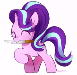 Size: 612x600 | Tagged: safe, artist:maren, derpibooru import, starlight glimmer, pony, unicorn, bust, cute, eyes closed, female, glimmerbetes, image, jpeg, knife, mare, mouth hold, peace was never an option, simple background, smiling, solo, subversive kawaii, weapons-grade cute, white background