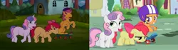 Size: 2569x719 | Tagged: safe, artist:yinyanggio14, derpibooru import, screencap, apple bloom, scootaloo, sweetie belle, earth pony, pegasus, pony, unicorn, the cutie pox, cutie mark crusaders, female, filly, foal, g1, g4, g4 to g1, generation leap, image, jpeg, scene interpretation, screencap reference, trio, trio female