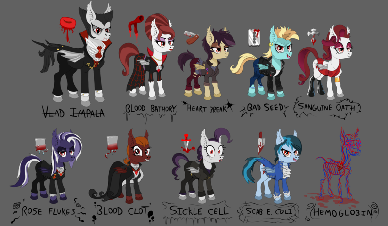 Size: 8207x4781 | Tagged: semi-grimdark, artist:skunk bunk, derpibooru import, oc, oc:bad seed, oc:blood bathory, oc:blood clot, oc:heart break, oc:hemoglobin, oc:rose flukes, oc:sanguine oath, oc:scab e. coli, oc:sickle cell, oc:vlad impala, bat pony, pony, undead, vampire, vampony, barnbas collins, bat pony oc, bat wings, bela lugosi, belt, blood, bowtie, bracelet, cape, chains, clothes, count orlok, dagger, dark shadows, dracula, dress, elizabeth bathory, fangs, gem, grin, heart, image, interview with a vampire, iv drip, jacket, jeans, jewelry, knife, leather jacket, lestat de lioncourt, medal, nosferatu, pants, png, razor, razor blade, red dress, self harm, smiling, smug, suit, teeth, the lost boys, the vampire chronicles, vampirella, vein, vlad the impaler, weapon, wings