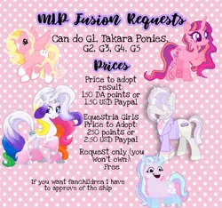 Size: 1080x1009 | Tagged: safe, artist:vernorexia, derpibooru import, amazing grace, cha cha, lily lace, marble pie, pinkie pie (g3), rarity, rarity (g3), surprise, twilight sparkle, oc, oc:crystal doily, oc:pink lemonade, llama, pegasus, pony, unicorn, adoptable, advertisement, clothes, commission, commission info, deviantart, example, female, femboy, fusion, g1, g3, g4, g5, g5 concept leak style, g5 concept leaks, hair over eyes, image, info, information, jpeg, llamacorn, male, mare, next generation, paypal, rarity (g5 concept leak), request, requests, stallion, suit