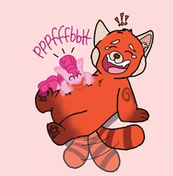Size: 523x532 | Tagged: safe, artist:princessdestiny200i, derpibooru import, pinkie pie, pony, red panda, belly, bellyrubs, crying, image, jpeg, laughing, mei lee, onomatopoeia, raspberry, tail, tail wag, tears of laughter, tickling, tongue out, tummy buzz, turning red