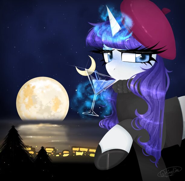 Size: 2048x2003 | Tagged: safe, artist:tinykiru, derpibooru import, rarity, pony, unicorn, alternate hairstyle, beatnik rarity, beret, clothes, drink, full moon, hat, image, jpeg, magic, martini glass, moon, solo, sweater, telekinesis