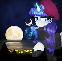 Size: 2048x2003 | Tagged: safe, artist:tinykiru, derpibooru import, rarity, pony, unicorn, alternate hairstyle, beatnik rarity, beret, clothes, drink, full moon, hat, image, jpeg, magic, martini glass, moon, solo, sweater, telekinesis