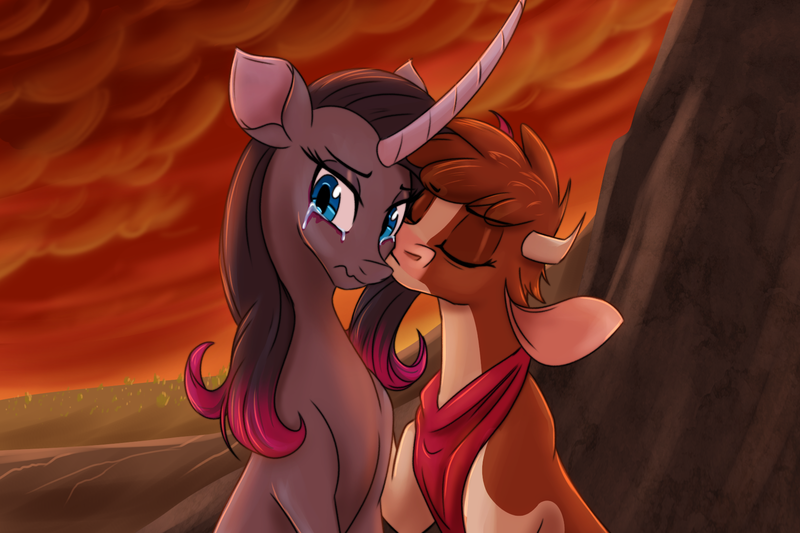 Size: 1800x1200 | Tagged: safe, artist:redahfuhrerking, derpibooru import, oleander (tfh), cow, unicorn, them's fightin' herds, arizona (tfh), community related, image, png