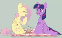 Size: 1200x736 | Tagged: safe, artist:melodylibris, derpibooru import, fluttershy, twilight sparkle, twilight sparkle (alicorn), alicorn, pegasus, pony, cup, duo, eyes closed, female, food, green background, image, jpeg, laughing, mare, open mouth, picnic blanket, simple background, sitting, tea, teacup, teapot