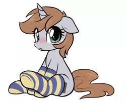 Size: 1021x846 | Tagged: safe, artist:moozua, derpibooru import, oc, oc:littlepip, unofficial characters only, pony, unicorn, fallout equestria, :o, blushing, clothes, cute, eye clipping through hair, female, floppy ears, freckles, full body, horn, image, looking at you, mare, open mouth, png, simple background, sitting, socks, solo, striped socks, tail, unicorn oc, weapons-grade cute, white background