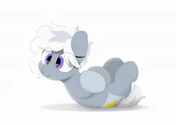 Size: 3035x2150 | Tagged: safe, artist:mochi_nation, derpibooru import, oc, oc:silver bolt, earth pony, pony, coat markings, cute, eye clipping through hair, female, image, jpeg, lying down, mare, ocbetes, on back, simple background, solo, white background
