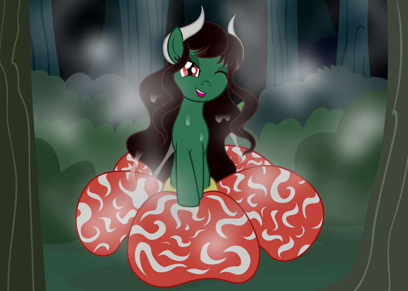 Size: 3174x2267 | Tagged: suggestive, artist:badumsquish, derpibooru import, part of a set, demon, demon pony, monster pony, original species, plant pony, pony, derpibooru exclusive, female, flirting, flower, flower pony, forest, horns, image, lidded eyes, long mane, looking at you, mare, musk, one eye closed, plant, png, pose, rafflesia, show accurate, slimy, slit pupils, solo, tree, true form, wavy mane, wink