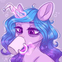 Size: 3000x3000 | Tagged: safe, artist:gunya, derpibooru import, izzy moonbow, unicorn, bags under eyes, coffee, g5, hat, image, izzy moodbow, magic, mug, nightcap, png, sketch, solo, tired