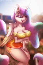 Size: 1000x1500 | Tagged: suggestive, alternate version, artist:shad0w-galaxy, derpibooru import, princess celestia, alicorn, anthro, pony, big breasts, breasts, chest fluff, clothes, dress, ear fluff, ethereal mane, female, folded wings, horn, image, mare, open mouth, png, sexy, smiling, solo, starry mane, thighs, thunder thighs, wings