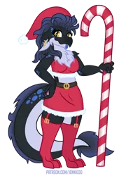 Size: 746x1100 | Tagged: safe, artist:jennieoo, derpibooru import, oc, oc:kayda, anthro, dragon, breasts, candy, candy cane, christmas, christmas stocking, dragoness, female, food, hat, holiday, image, lizard breasts, piercing, png, santa hat, simple background, solo, tongue out, transparent background, vector