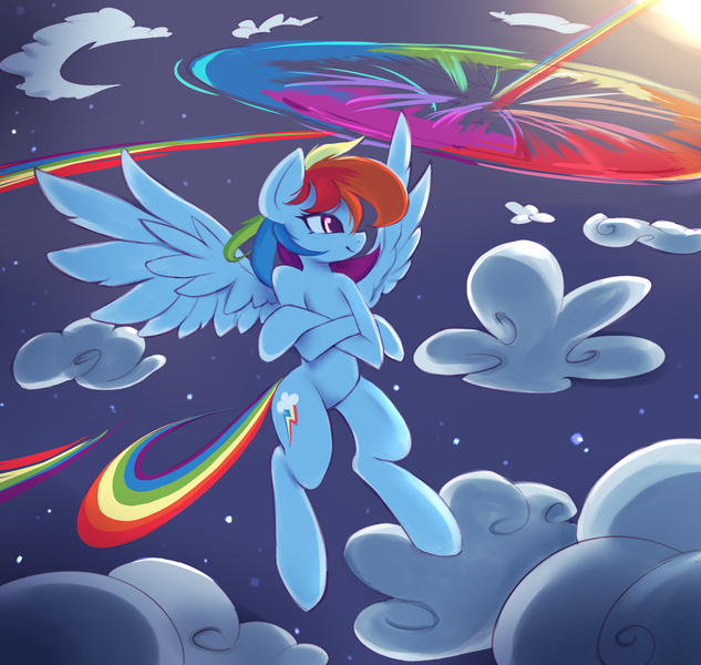 Size: 2160x2047 | Tagged: safe, artist:fajeh, derpibooru import, rainbow dash, pegasus, semi-anthro, female, flying, image, png, smiling, solo, solo female, sonic rainboom